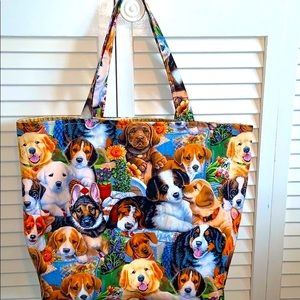 Hand Crafted Tote Bag All Purpose 100% Cotton Adorable Pups Bag